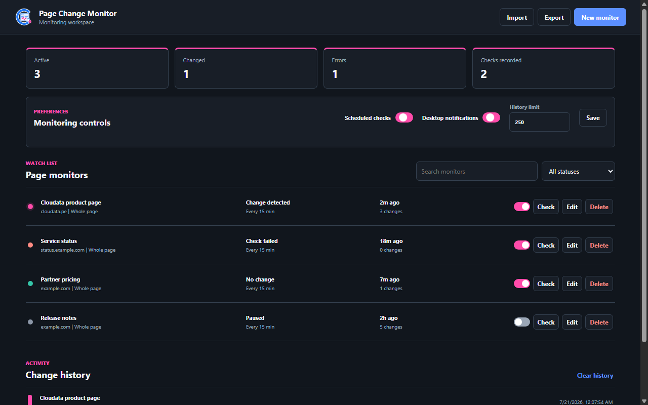 Cloudata Page Change Monitor interface