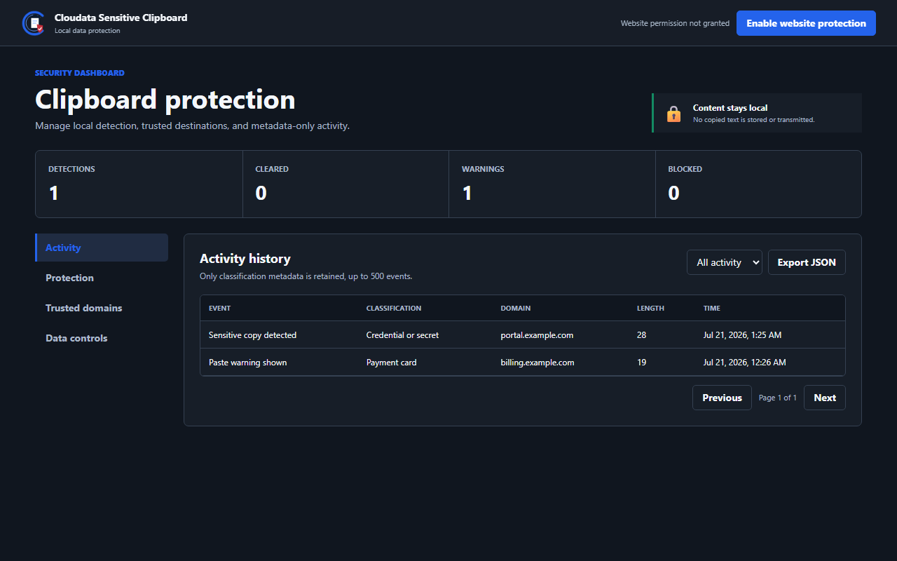 Cloudata Sensitive Clipboard interface