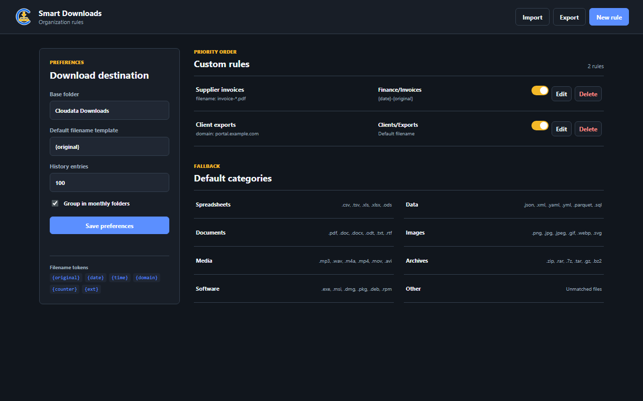 Cloudata Smart Downloads interface