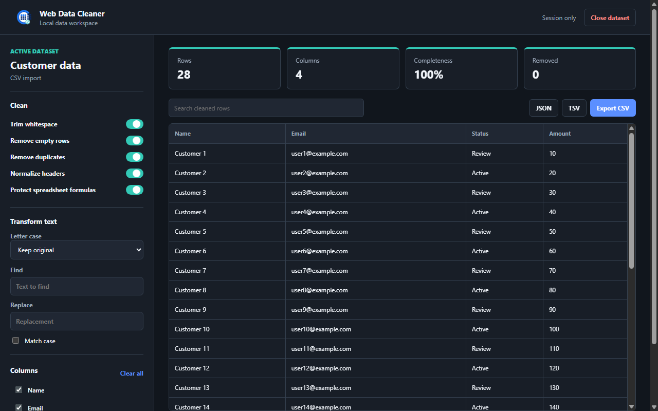 Cloudata Web Data Cleaner interface