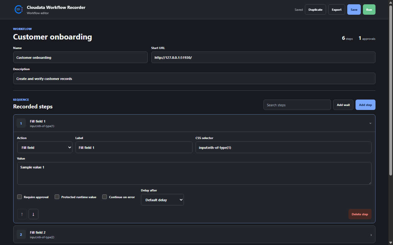 Cloudata Workflow Recorder interface